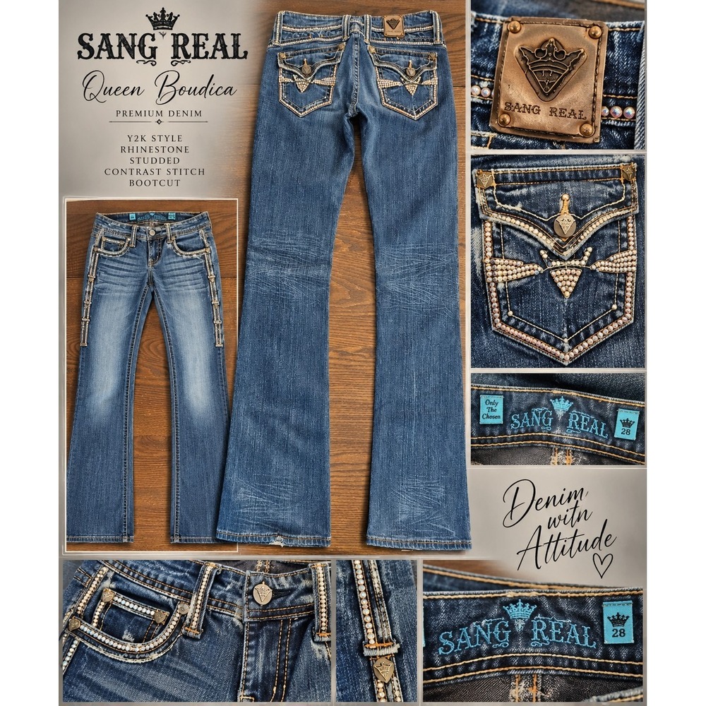 Sang Real Queen Boudica Jeans 28" Bootcut Y2K Rhinestone Studded Contrast Stitch